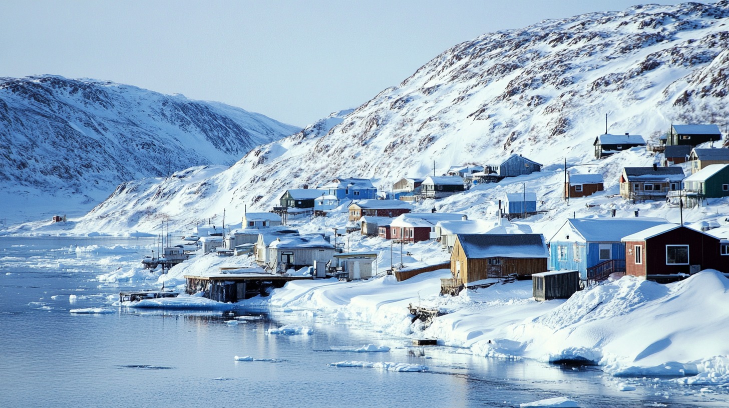 scenic winter view of a small coastal village in Nunavut, Canada, with snow-covered houses nestled along the shoreline and ice floes drifting in the calm water, surrounded by snow-capped hills