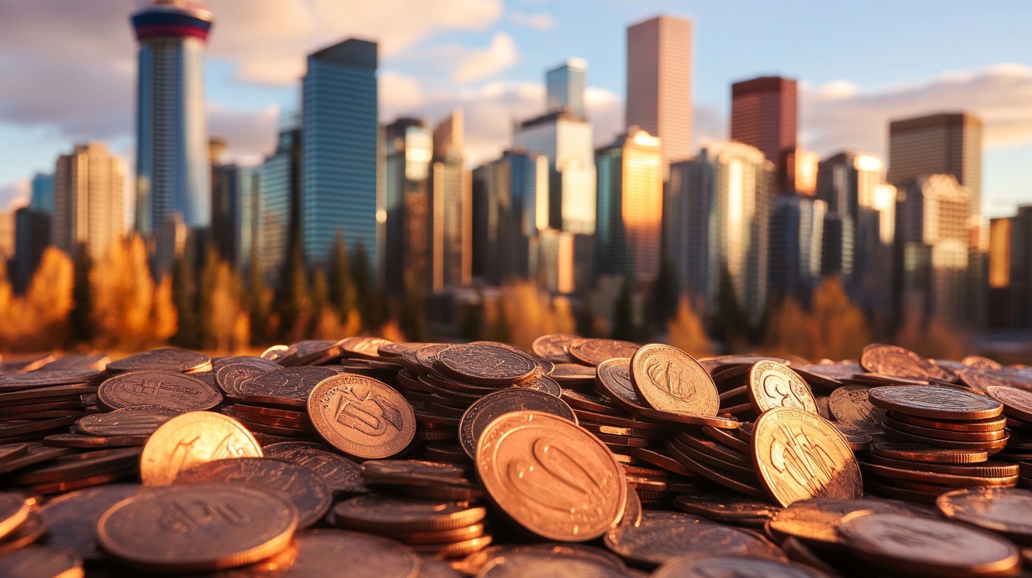 pile of coins in the foreground with a blurred city skyline of modern high-rise buildings in the background, illuminated by the warm light of a setting sun, symbolizing the economic landscape and financial discussions.