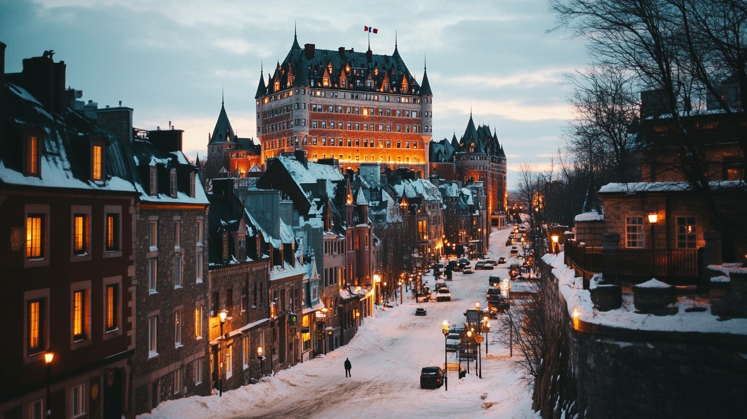 A winter scene in Quebec City, Canada, showcasing a snow-covered street lined with historic buildings. The iconic Château Frontenac, an illuminated castle-like hotel, stands prominently in the background under a dusky sky.