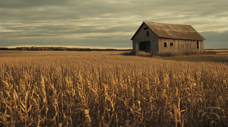 A weathered wooden barn stands alone in the middle of a vast, golden wheat field under a dramatic, cloud-filled sky, capturing a serene and rustic rural scene in Saskatchewan.