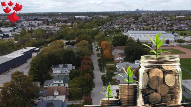 Aerial view of a residential neighborhood in Ontario with trees lining the streets, accompanied by illustrations of coin stacks and a jar filled with coins, symbolizing financial growth. Red maple leaves representing Canada are placed in the corner, indicating a Canadian context.