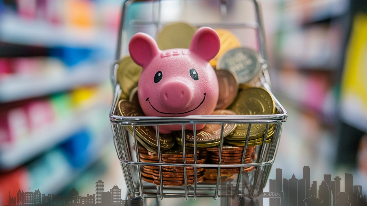 The image shows a small shopping cart filled with coins and a pink piggy bank with a smiling piggy bank on top of the coins. In the foreground, a city skyline silhouette is visible, suggesting an urban minimum wage of the British Columbia.