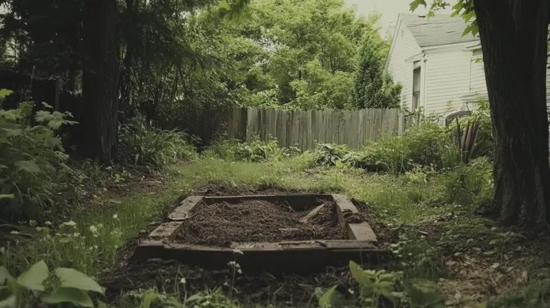 A rustic backyard with a simple burial plot surrounded by greenery, trees, and an old wooden fence