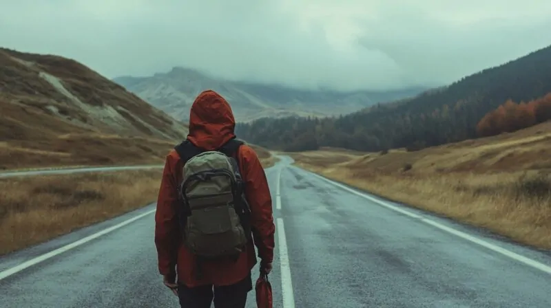 A lone traveler in a red jacket with a backpack walks down an empty road surrounded by misty mountains and autumn-colored hills