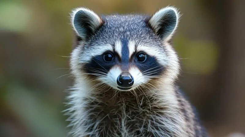Close-up of a raccoon with black "mask" markings, fluffy fur, and perked-up ears in a natural outdoor setting