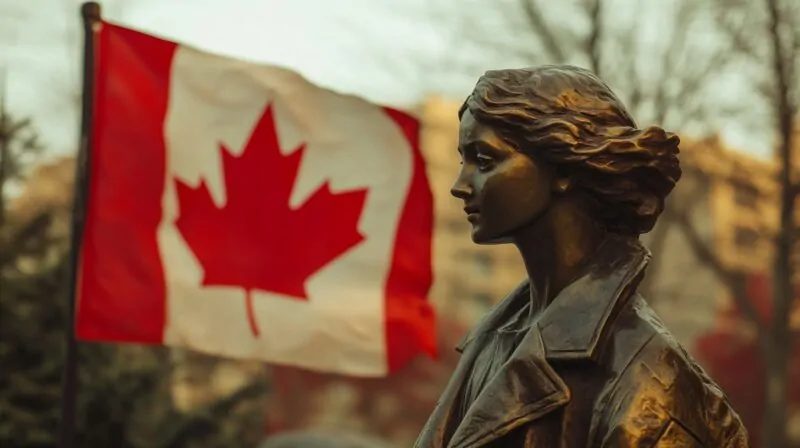 A bronze statue of a woman with windblown hair, standing in front of a waving Canadian flag, with a blurred cityscape in the background