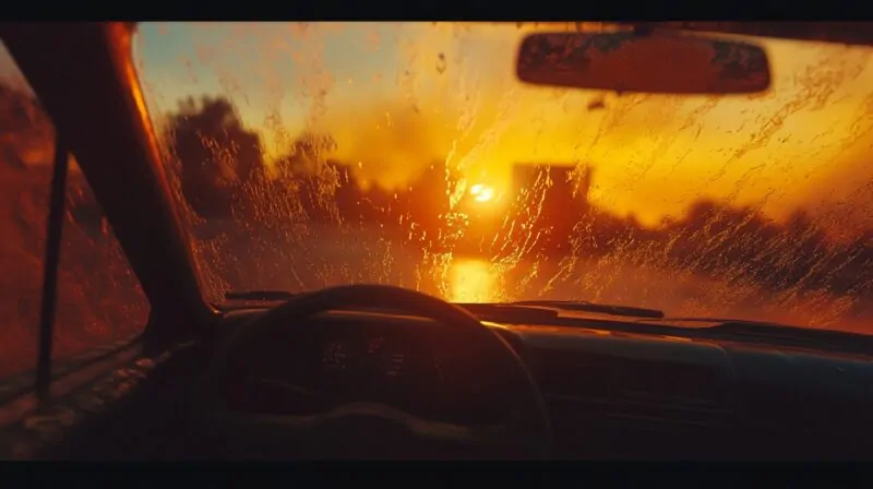 A car windshield covered in water droplets, reflecting the golden hues of a sunset. The dashboard and steering wheel are in the foreground, with a blurred road ahead.