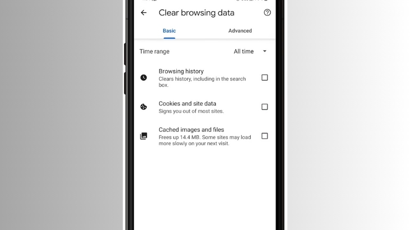 Smartphone screen displaying the "Clear browsing data" settings, with options for browsing history, cookies, and cached files
