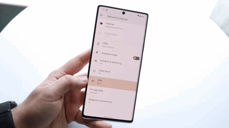 The image shows a phone displaying the "Network & internet" settings, with the VPN section highlighted