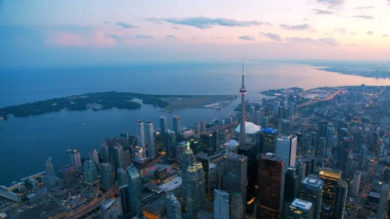 Aerial view of downtown at sunset showing what it really costs to live in Toronto on minimum wage