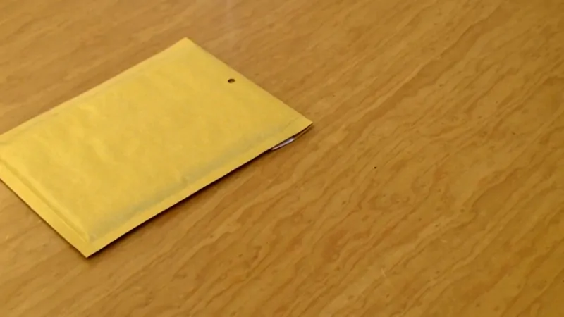 A sealed yellow envelope lies on a wooden surface, ready for mailing a legal letter