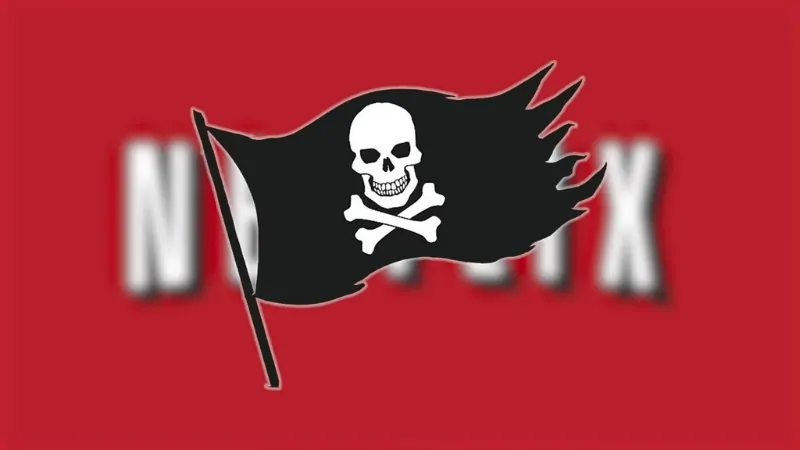 Black pirate flag with a skull icon over a blurred Netflix logo, illustrating pirate streaming in Canada