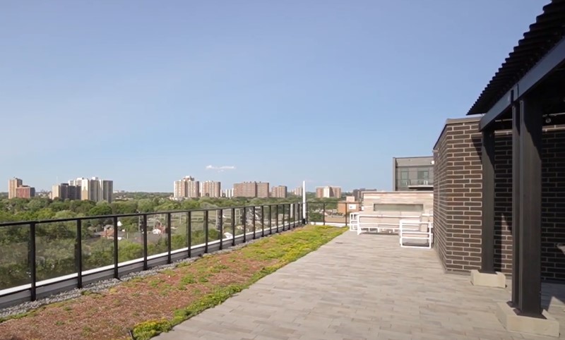 A rooftop featuring a green roof, overlooking a vibrant city skyline in the background