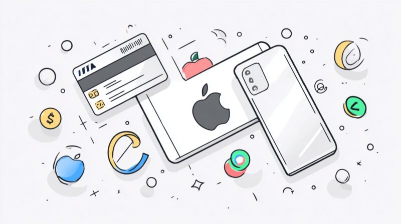 Illustration of a smartphone, credit card, and tablet representing Apple Pay and Google Pay