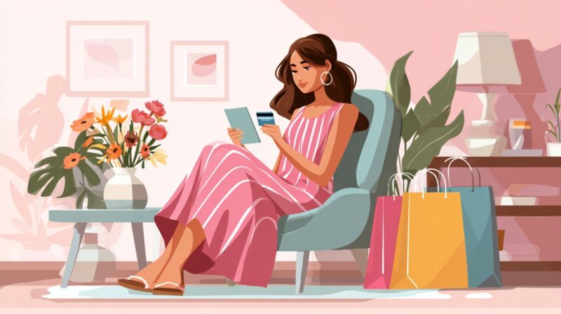Illustration of a woman shopping online using a credit card, with shopping bags and flowers nearby.