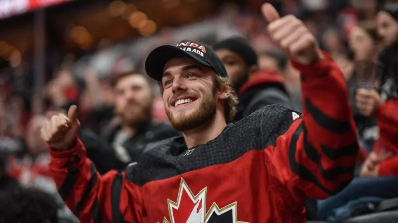 Excited Canadian hockey fan in a red jersey cheering at a game