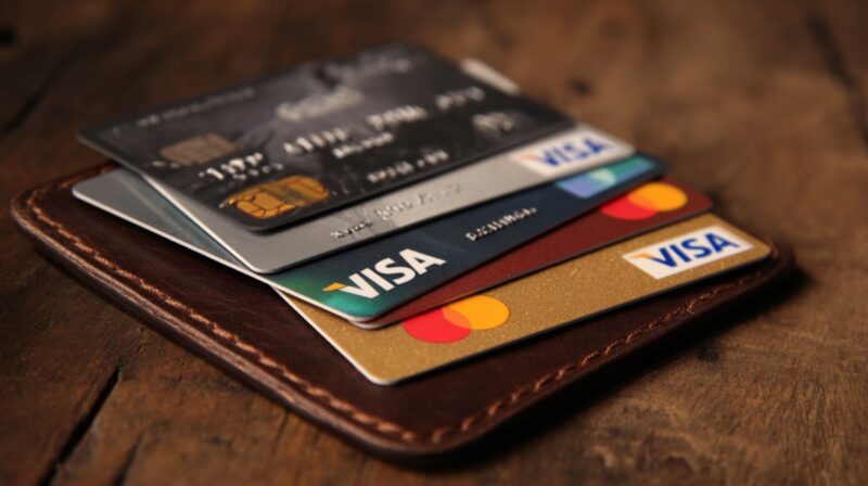 Close-up of Visa and Mastercard credit cards in a brown leather wallet on a wooden surface