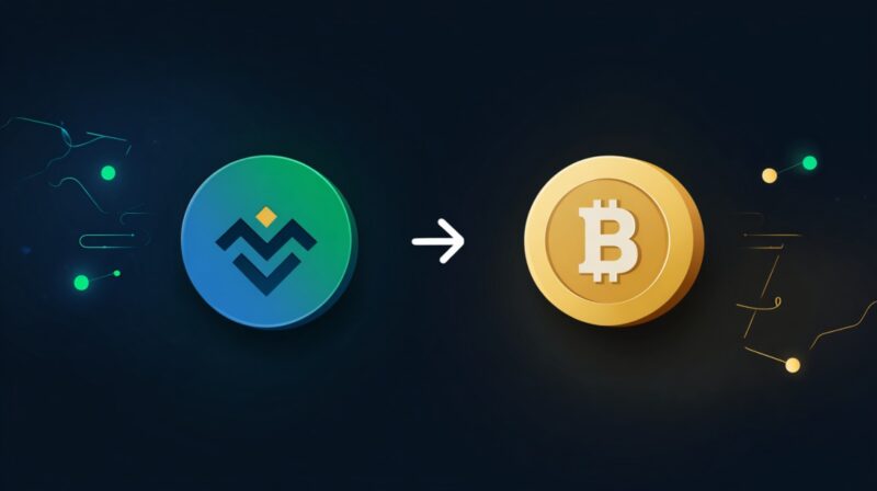 Digital illustration showing conversion from a traditional currency token to a Bitcoin symbol