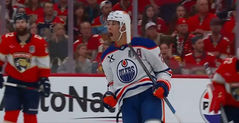 Edmonton Oilers hockey player celebrating a goal during a game against the Florida Panthers