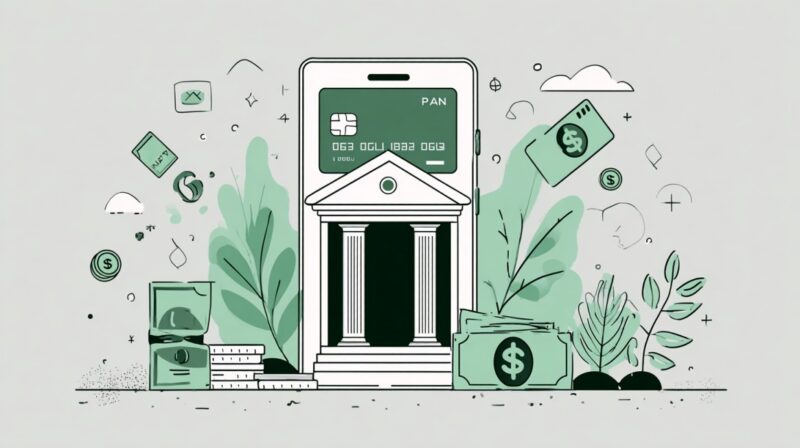 Illustration of a smartphone with a bank facade and digital payment symbols, representing modern financial trends