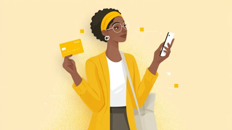 Illustration of a woman holding a yellow debit card and smartphone, symbolizing digital payments