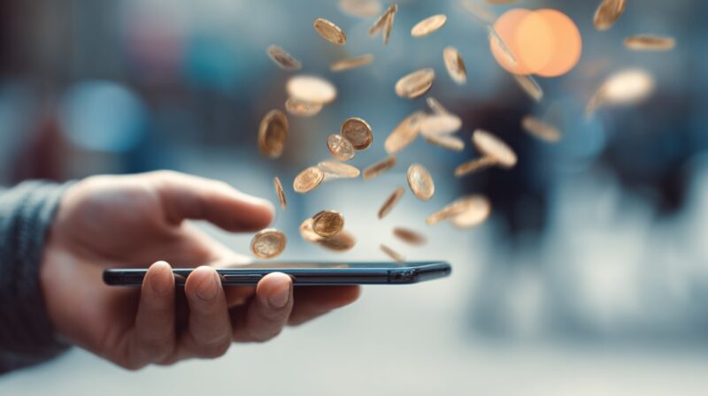 Coins appearing to flow out of a smartphone held in a person's hand, symbolizing digital transactions