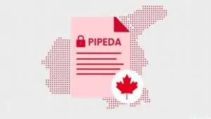 An illustration of a PIPEDA document with a padlock icon and a red maple leaf symbol over a dotted map of Canada
