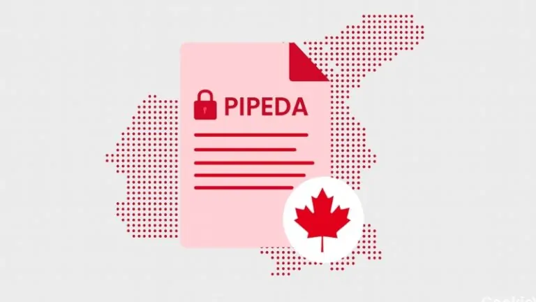 An illustration of a PIPEDA document with a padlock icon and a red maple leaf symbol over a dotted map of Canada
