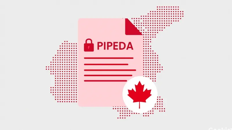 An illustration of a PIPEDA document with a padlock icon and a red maple leaf symbol over a dotted map of Canada