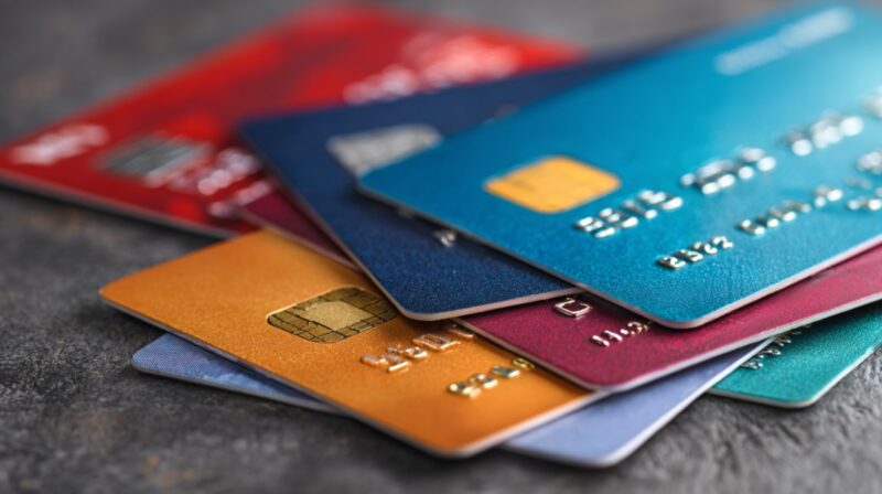 Close-up of colorful prepaid and credit cards stacked on a dark surface