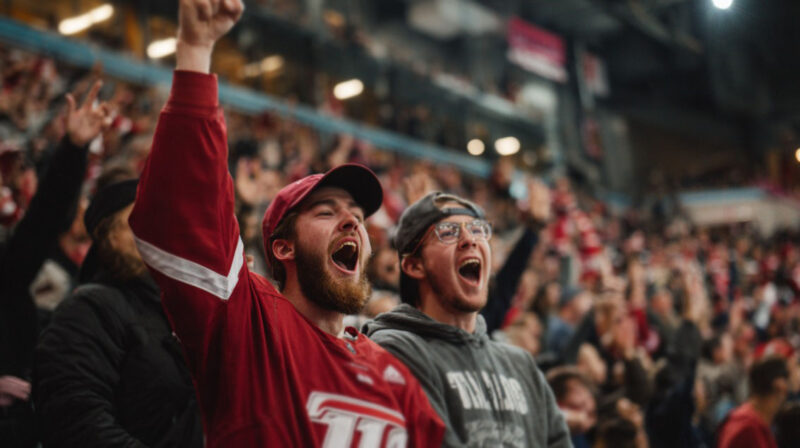 Two excited hockey fans in team gear cheering loudly at a packed stadium