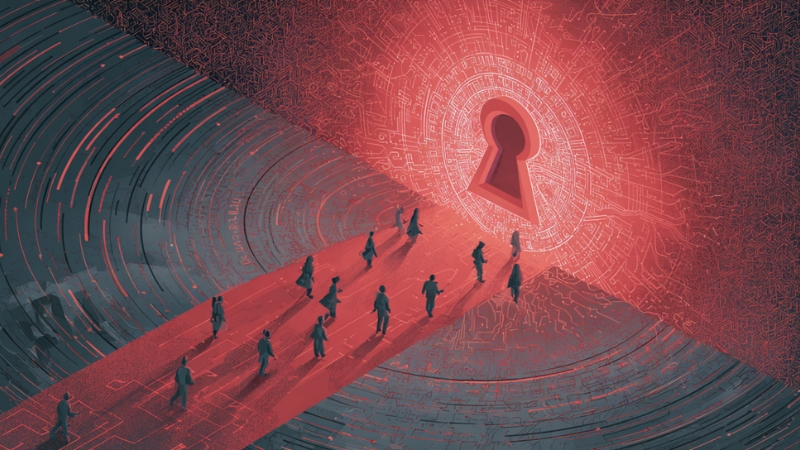 Illustration of people walking toward a large red keyhole symbolizing access to personal information