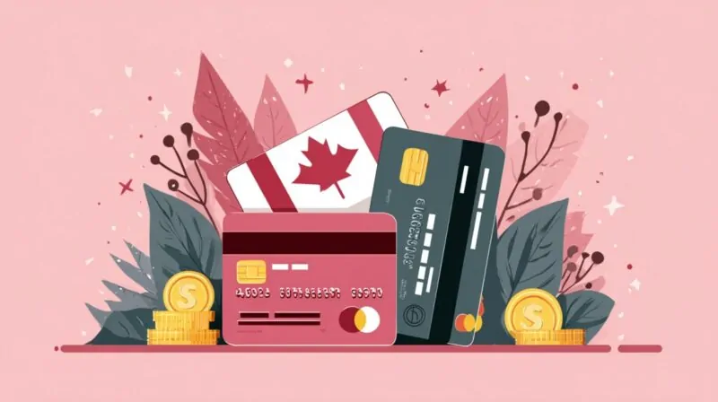 Illustration of Canadian credit and debit cards with coins and leaves on a pink background