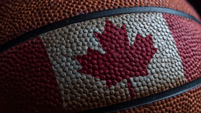 Close-up of a basketball with a Canadian flag design, symbolizing Canadian NBA players