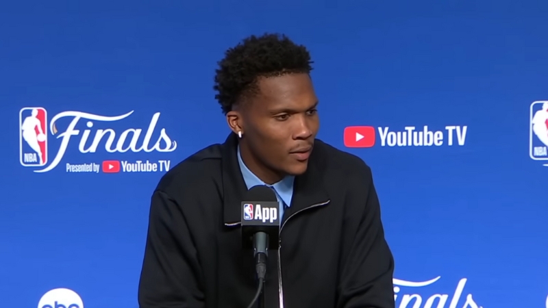 Bennedict Mathurin speaks at an NBA Finals press conference
