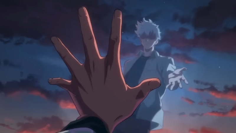 Anime scene with a hand reaching out toward a white-haired character under a dramatic sky