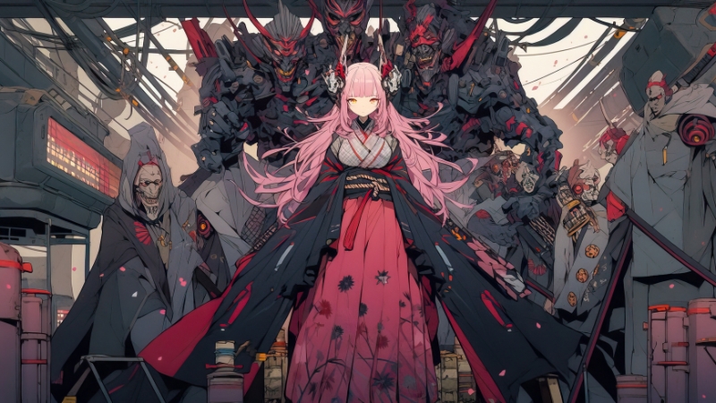 Anime girl with long pink hair in a kimono standing in front of armored figures