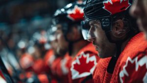 Canadian hockey players in red jerseys sit focused on the bench during one of the greatest hockey rivalries in history