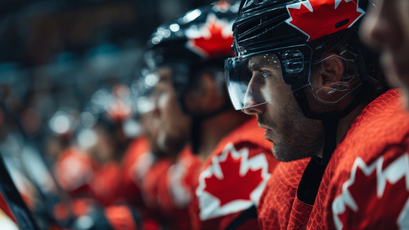 Canadian hockey players in red jerseys sit focused on the bench during one of the greatest hockey rivalries in history