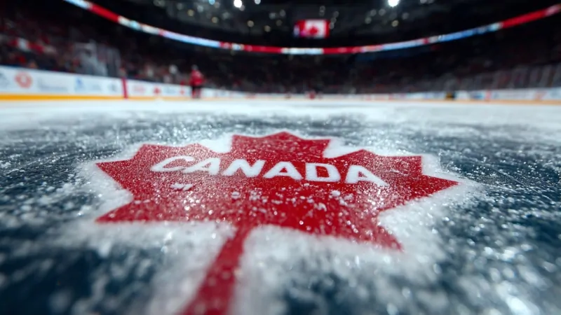 Close-up of a red maple leaf with the word “Canada” on the ice rink, symbolizing Canadian pride in the Stanley Cup tradition