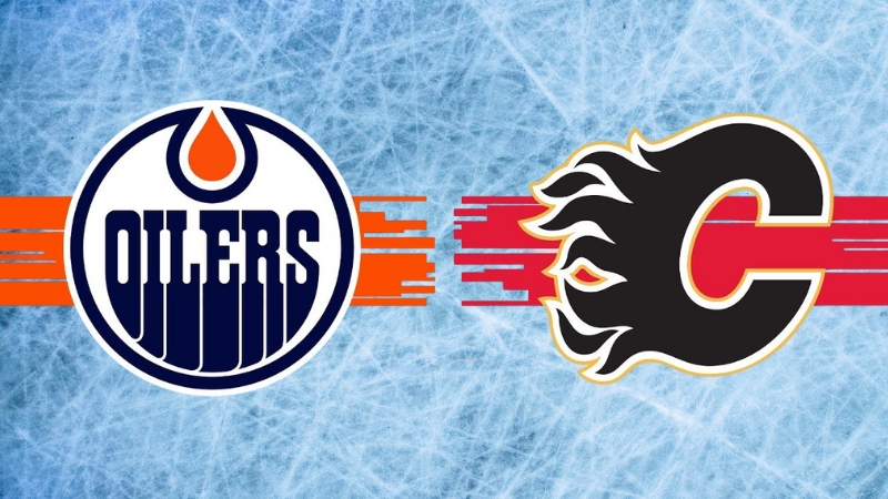 Logos of the Edmonton Oilers and Calgary Flames side by side represent the Battle of Alberta rivalry