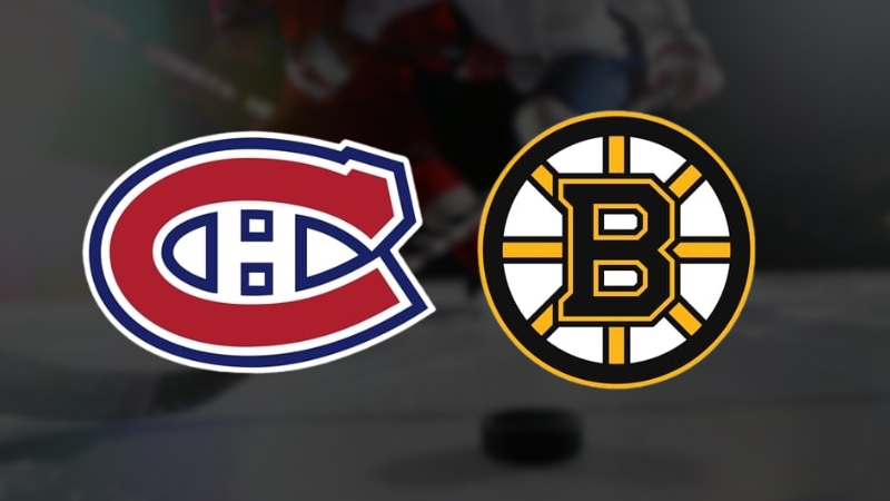 Logos of the Montreal Canadiens and Boston Bruins highlight their classic hockey rivalry