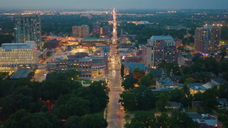 Aerial view of Brampton city center at dusk shows Brampton population scale and urban density