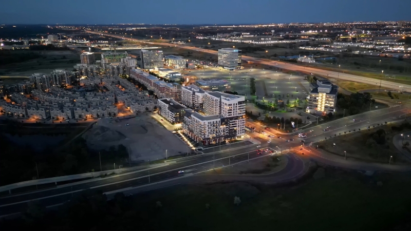Evening view of new residential and mixed-use development in Markham