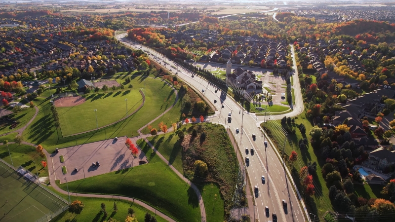 Aerial view of Vaughan neighborhoods and arterial roads