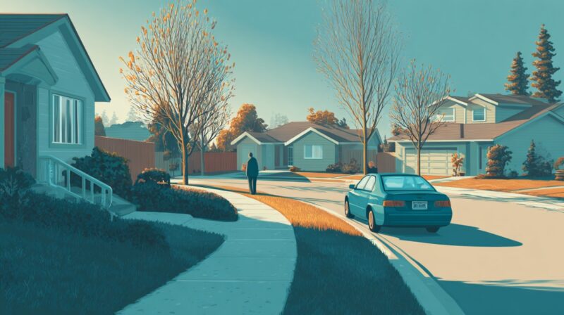 Illustrated suburban street with single-family homes, a parked car, and a lone person walking along the sidewalk