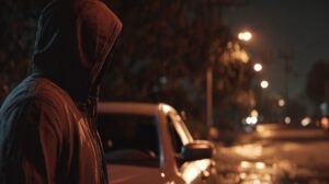 A hooded figure standing near a parked car on a dimly lit residential street at night