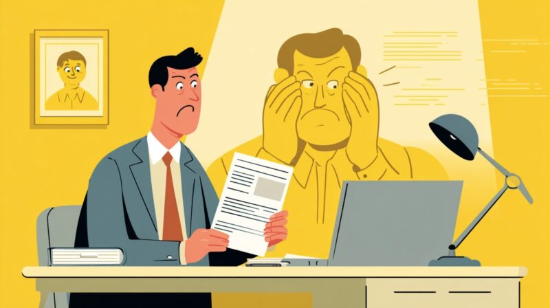 Illustration of a stressed man reviewing documents at a desk with a worried expression