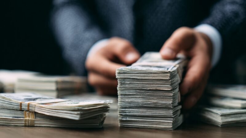 Hands stacking bundles of cash on a table