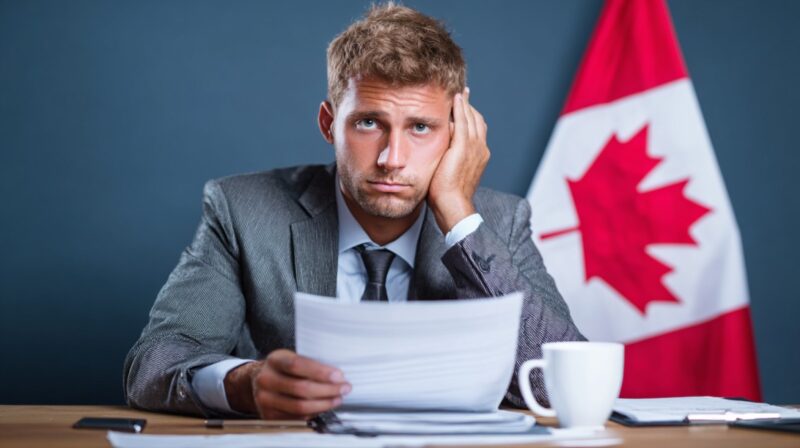 Man in a suit reading paperwork at a desk with a Canadian flag behind him, looking concerned